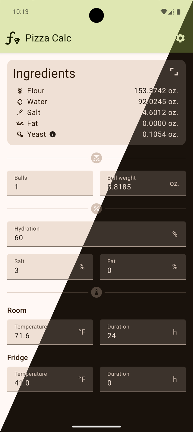 Pizza Calc app screenshot showing dark mode interface