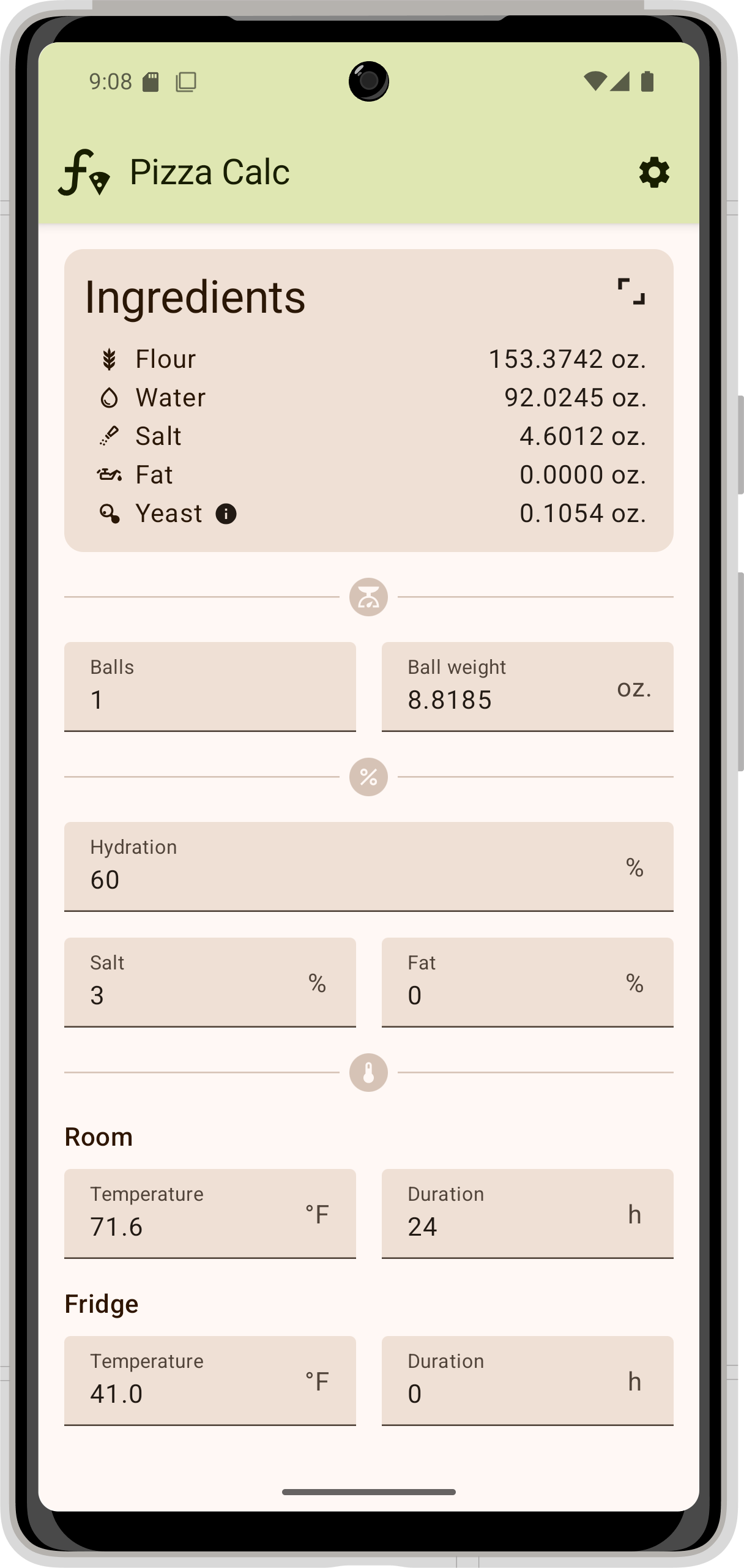 Pizza Calc app screenshot showing the dough calculator interface